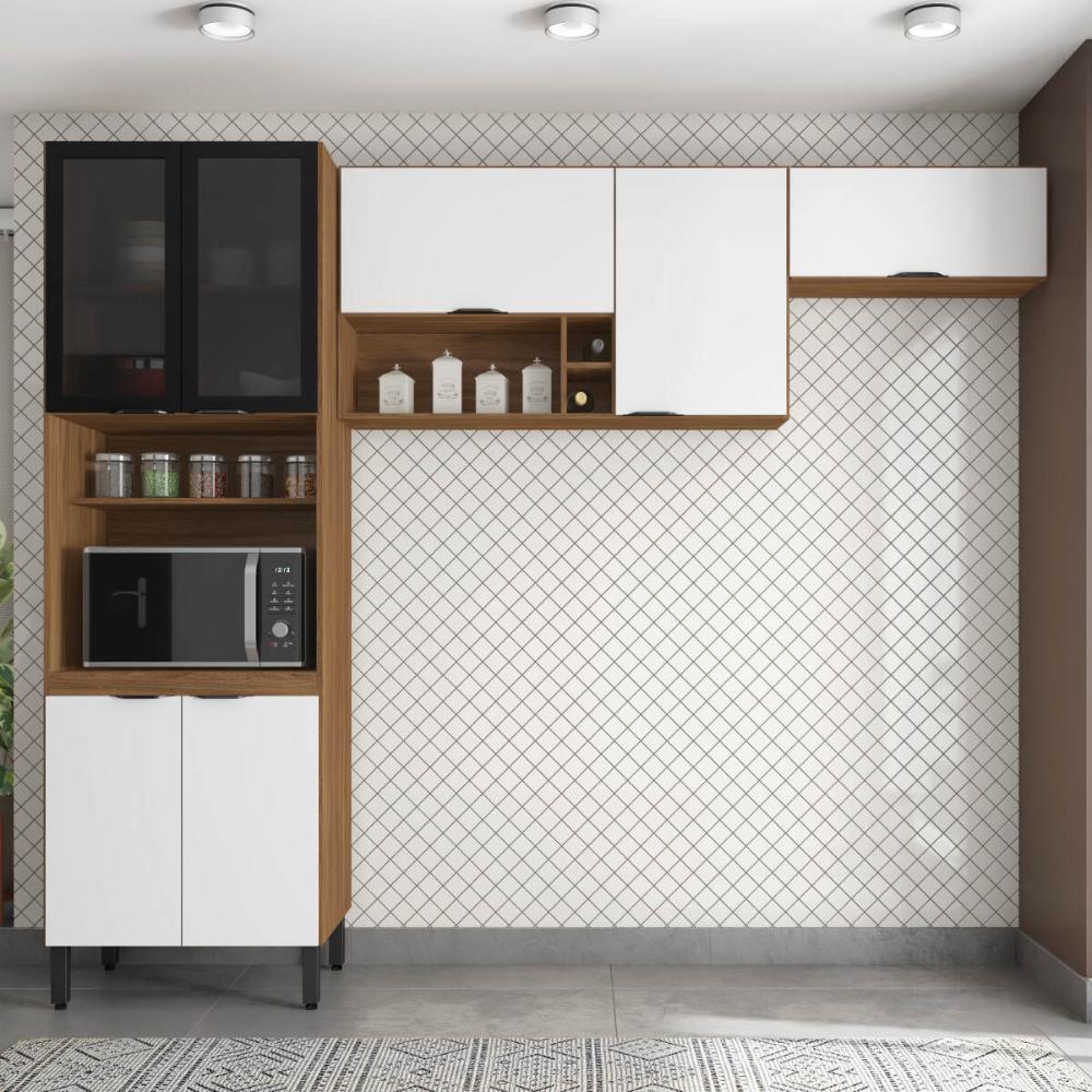 Armário de Cozinha Modulada Compacta 260cm 3 Pçs Multimóveis CR20471 Amêndola/Branco