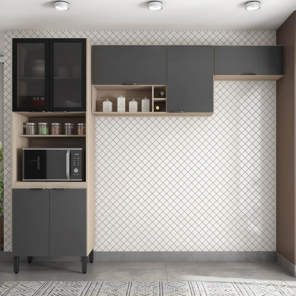Armário de Cozinha Modulada Compacta 260cm 3 Pçs Multimóveis CR20471 Avena/Grafito