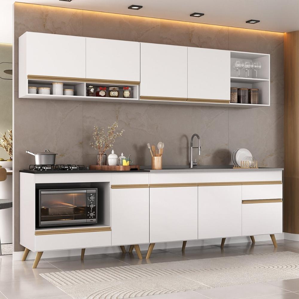 Armário de Cozinha Modulada Compacta 4 Pçs com Balcão para Cooktop Veneza Multimóveis MP2261 Branco/Dourado