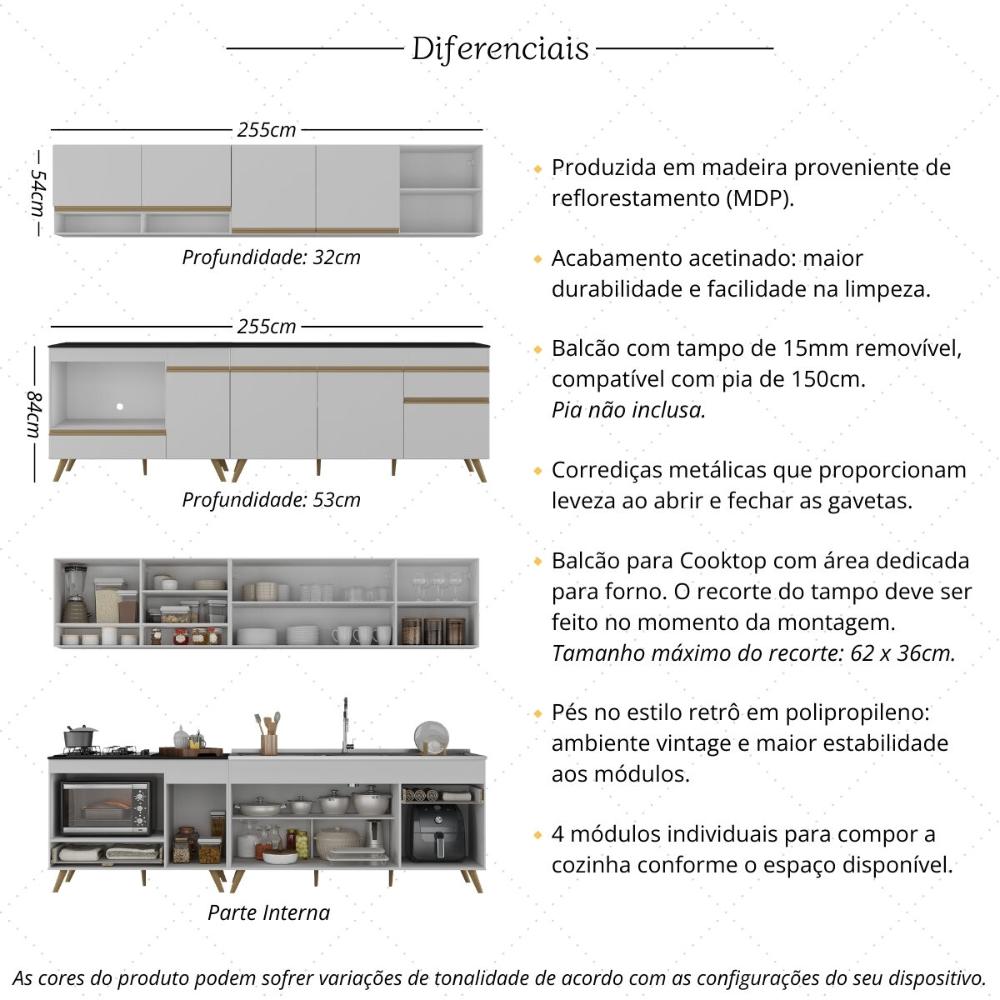 Armário de Cozinha Modulada Compacta 4 Pçs com Balcão para Cooktop Veneza Multimóveis MP2261 Branco/Dourado