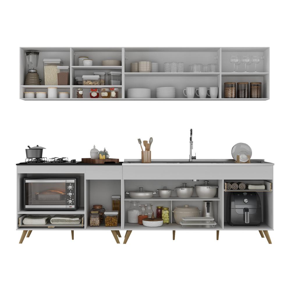 Armário de Cozinha Modulada Compacta 4 Pçs com Balcão para Cooktop Veneza Multimóveis MP2261 Branco/Dourado