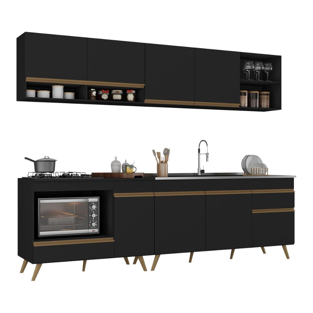 Armário de Cozinha Modulada Compacta 4 Pçs com Balcão para Cooktop Veneza Multimóveis MP2261 Preto/Dourado