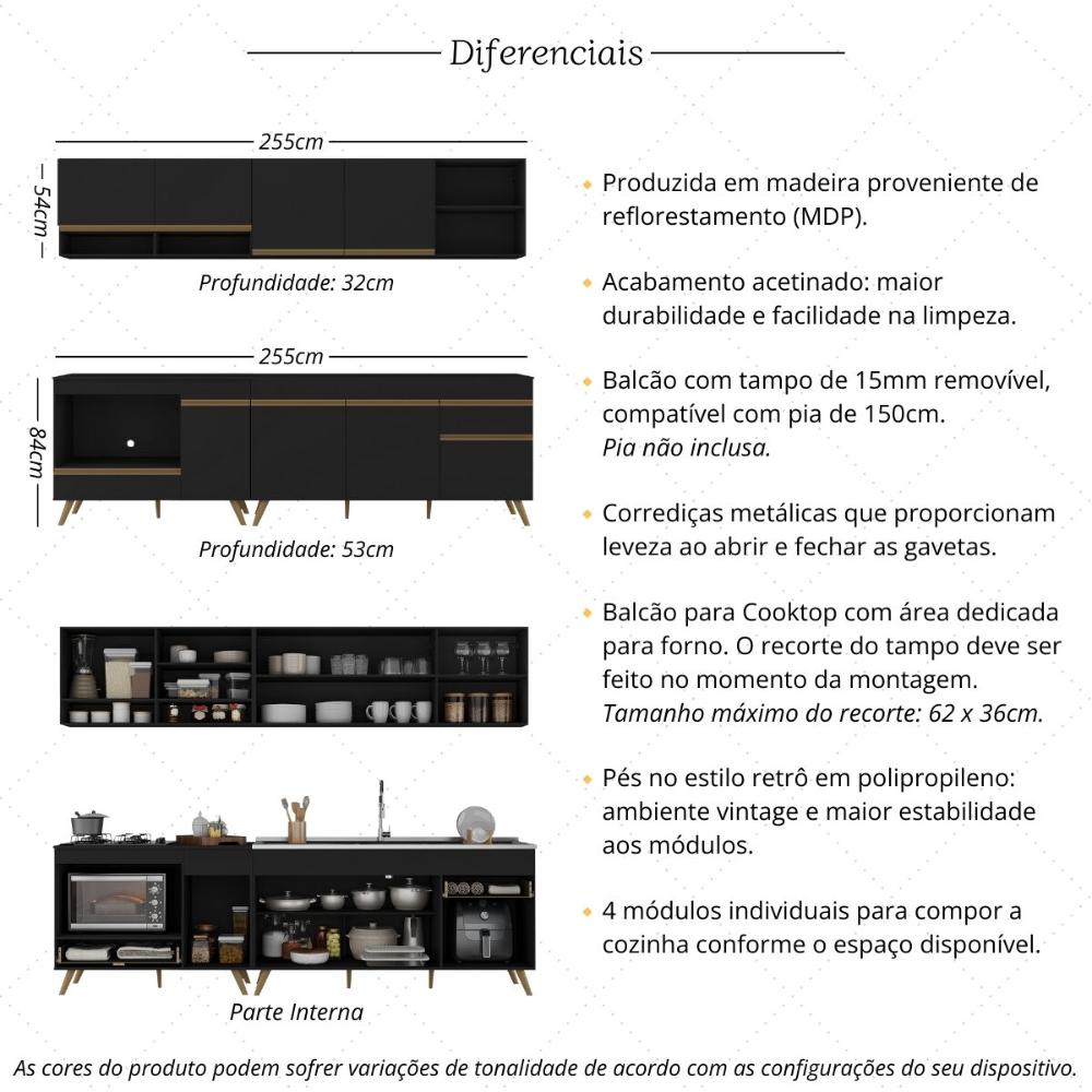 Armário de Cozinha Modulada Compacta 4 Pçs com Balcão para Cooktop Veneza Multimóveis MP2261 Preto/Dourado