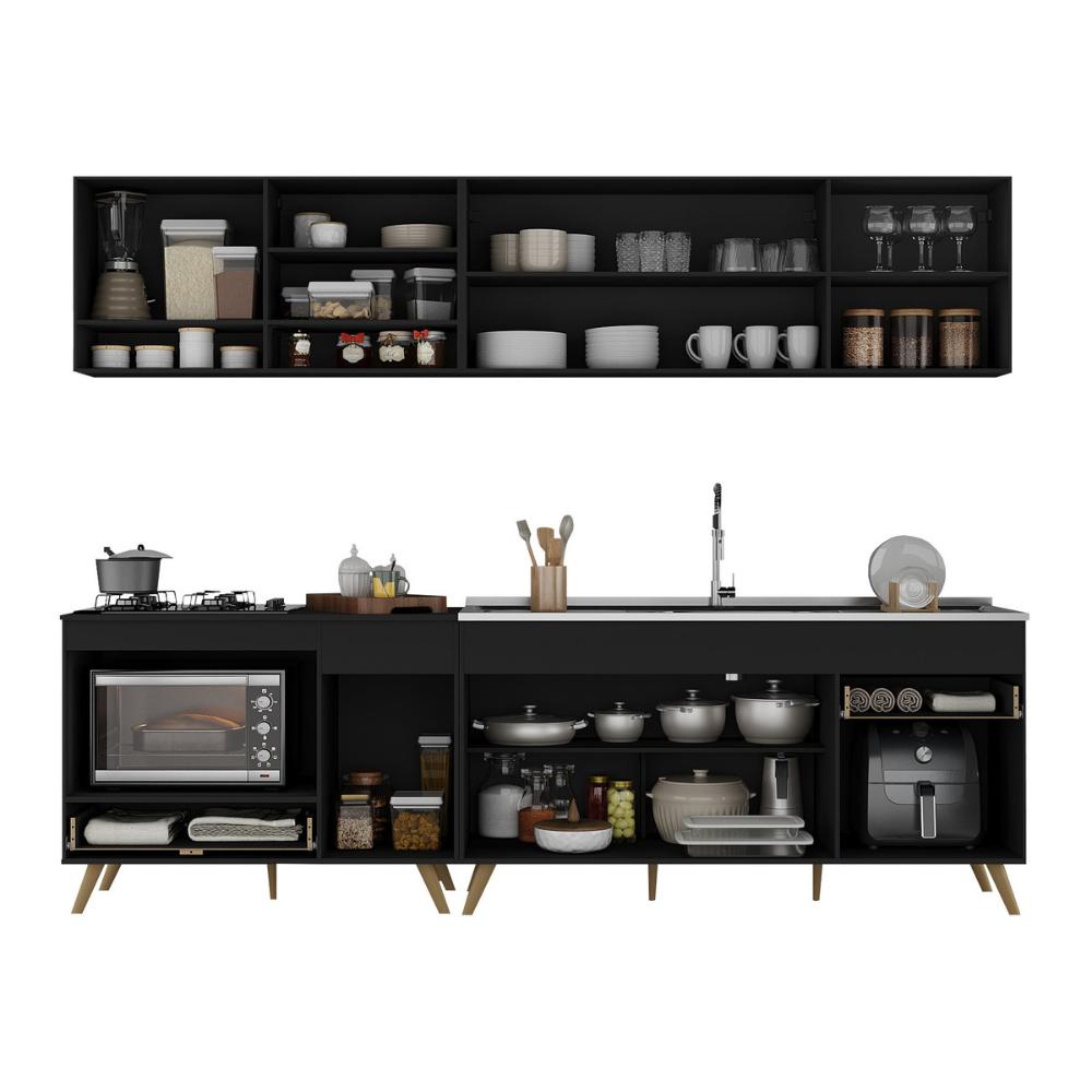 Armário de Cozinha Modulada Compacta 4 Pçs com Balcão para Cooktop Veneza Multimóveis MP2261 Preto/Dourado