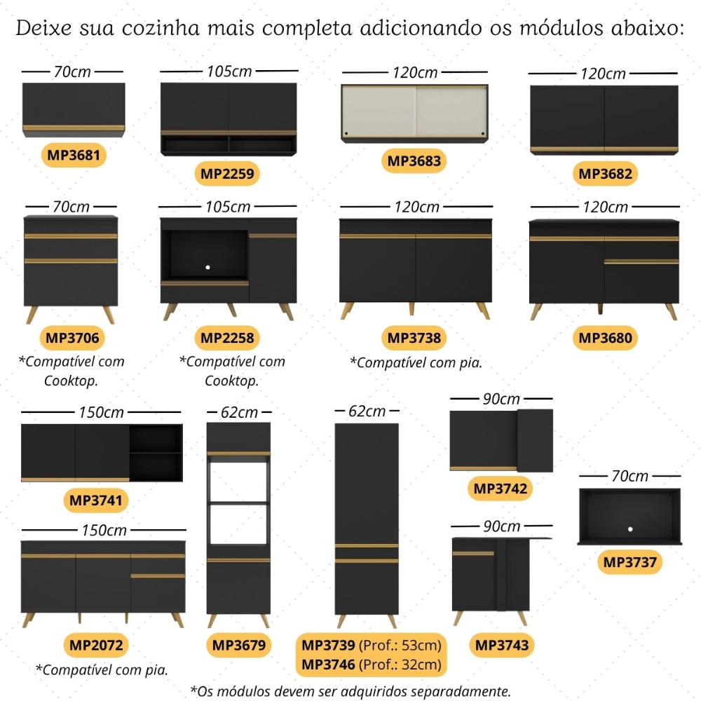 Armário de Cozinha Modulada Compacta 4 Pçs com Balcão para Cooktop Veneza Multimóveis MP2261 Preto/Dourado