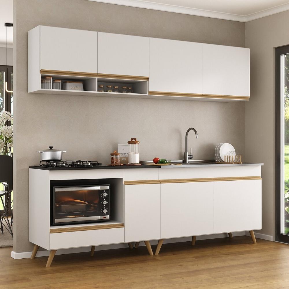 Armário de Cozinha Modulada Compacta 4 Pçs com Balcão para Cooktop Veneza Multimóveis MP2264 Branco/Dourado