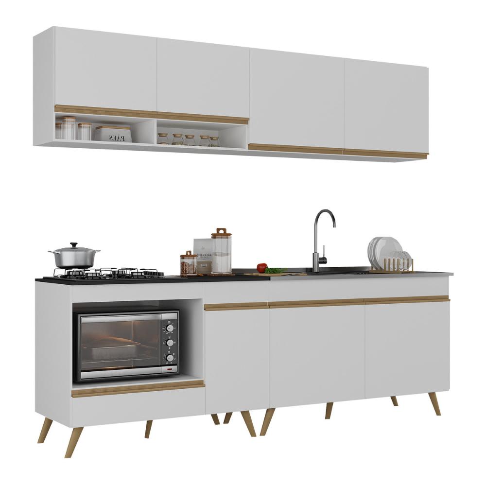 Armário de Cozinha Modulada Compacta 4 Pçs com Balcão para Cooktop Veneza Multimóveis MP2264 Branco/Dourado