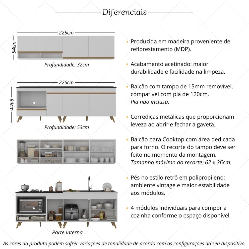 Armário de Cozinha Modulada Compacta 4 Pçs com Balcão para Cooktop Veneza Multimóveis MP2264 Branco/Dourado