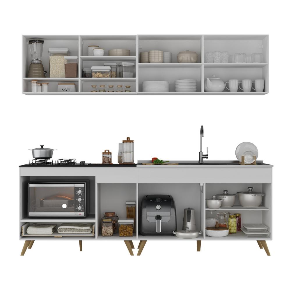 Armário de Cozinha Modulada Compacta 4 Pçs com Balcão para Cooktop Veneza Multimóveis MP2264 Branco/Dourado