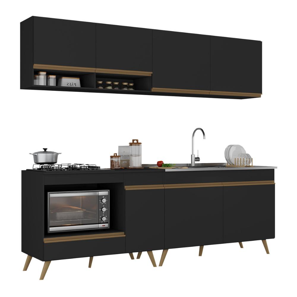 Armário de Cozinha Modulada Compacta 4 Pçs com Balcão para Cooktop Veneza Multimóveis MP2264 Preto/Dourado