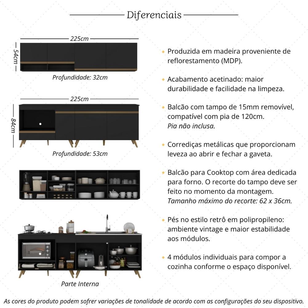 Armário de Cozinha Modulada Compacta 4 Pçs com Balcão para Cooktop Veneza Multimóveis MP2264 Preto/Dourado