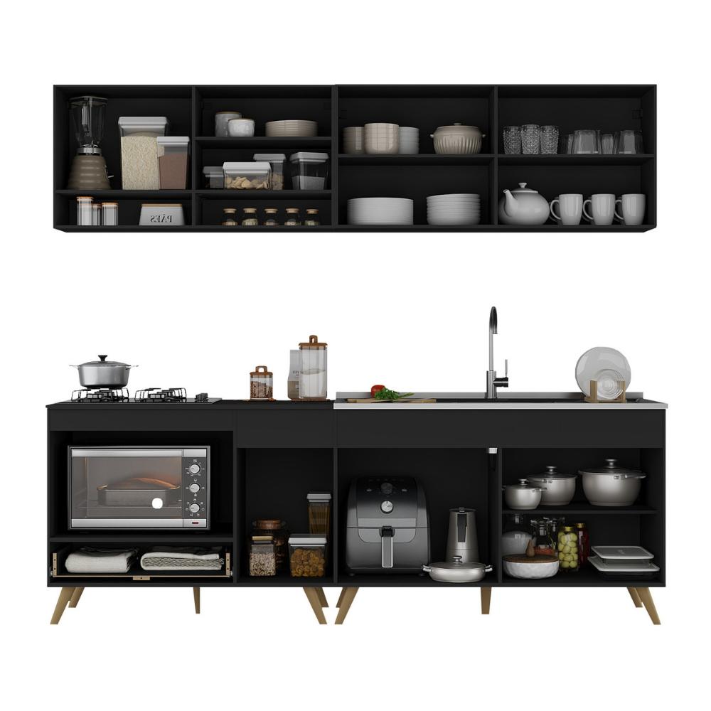 Armário de Cozinha Modulada Compacta 4 Pçs com Balcão para Cooktop Veneza Multimóveis MP2264 Preto/Dourado