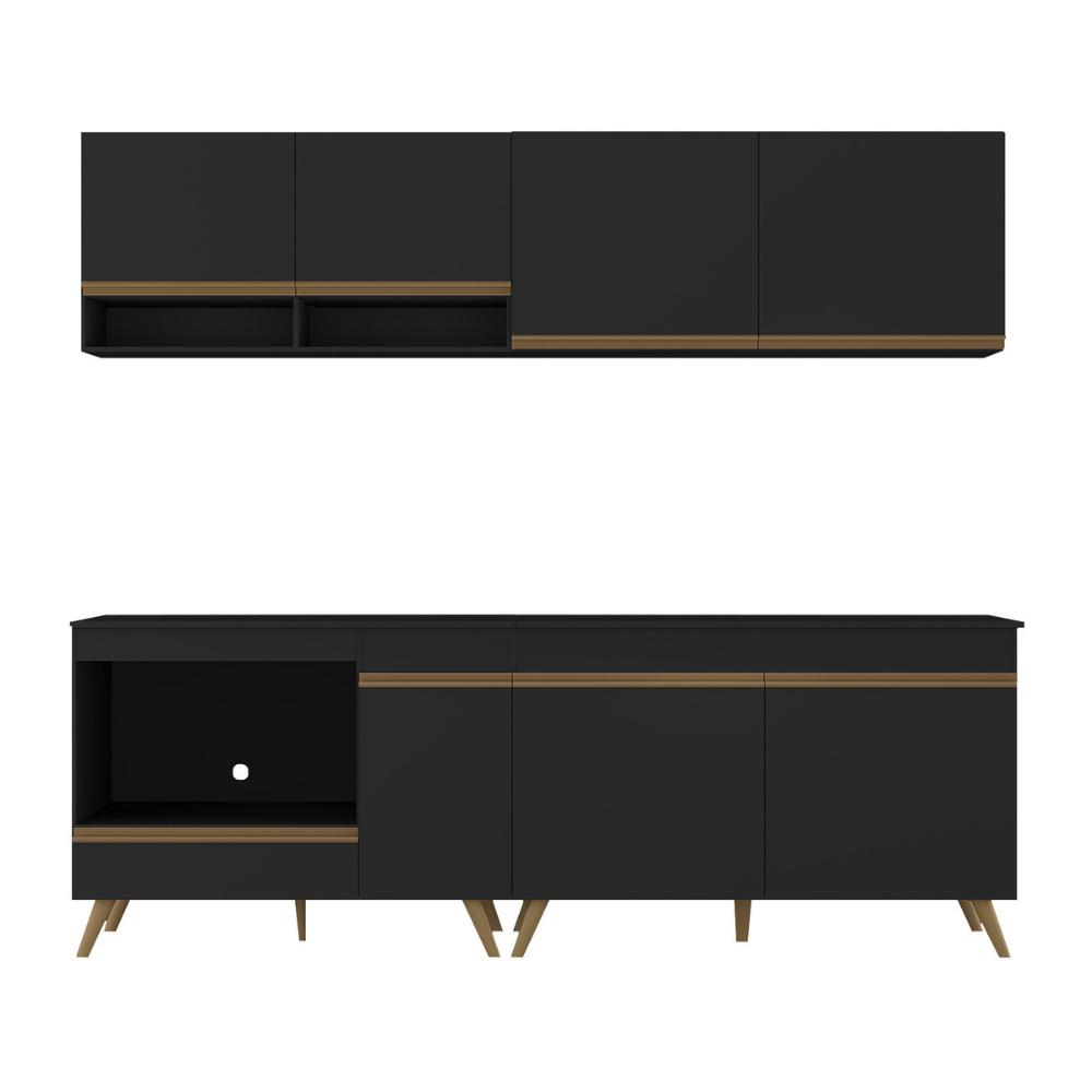 Armário de Cozinha Modulada Compacta 4 Pçs com Balcão para Cooktop Veneza Multimóveis MP2264 Preto/Dourado