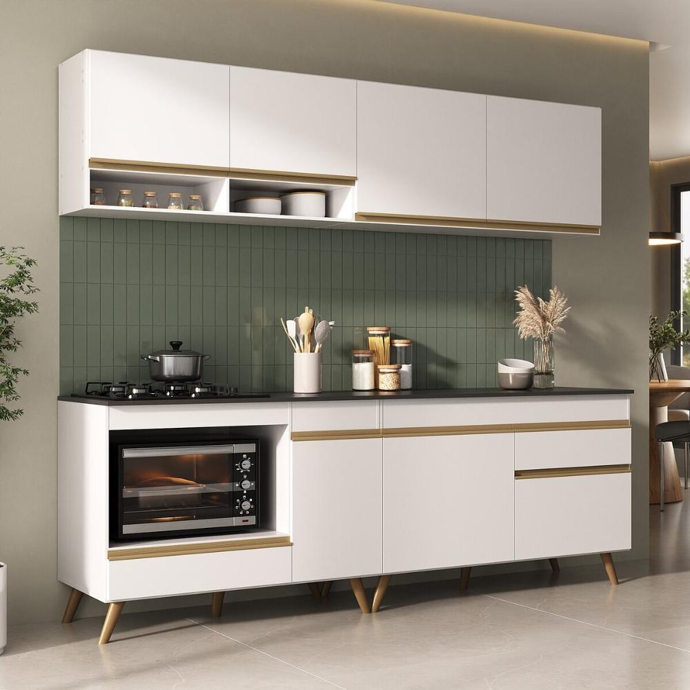 Armário de Cozinha Modulada Compacta com Balcão para Cooktop/Forno Veneza Multimóveis MP2262 Branco/Dourado