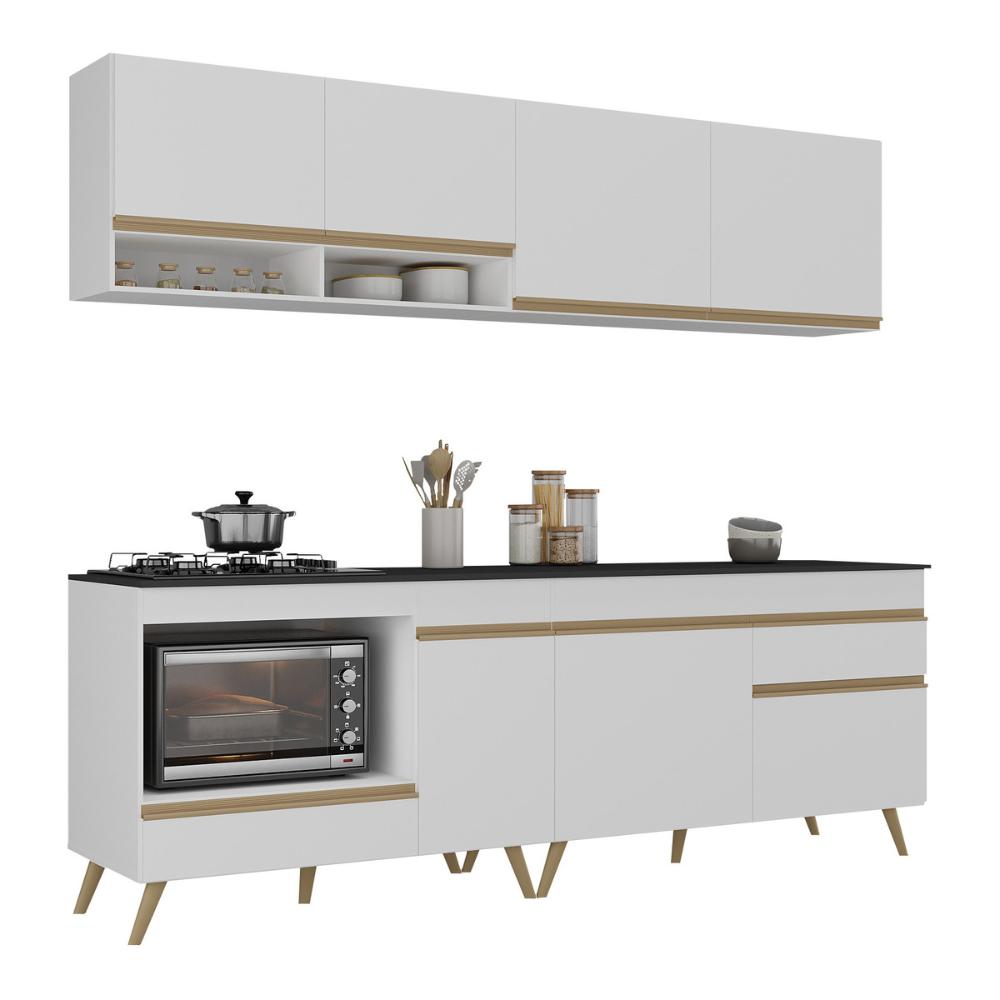 Armário de Cozinha Modulada Compacta com Balcão para Cooktop/Forno Veneza Multimóveis MP2262 Branco/Dourado