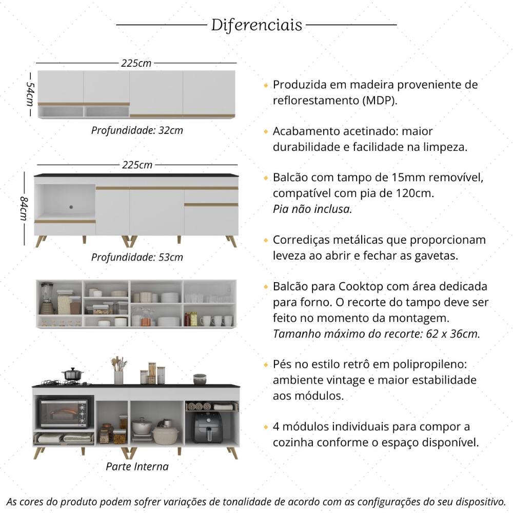 Armário de Cozinha Modulada Compacta com Balcão para Cooktop/Forno Veneza Multimóveis MP2262 Branco/Dourado