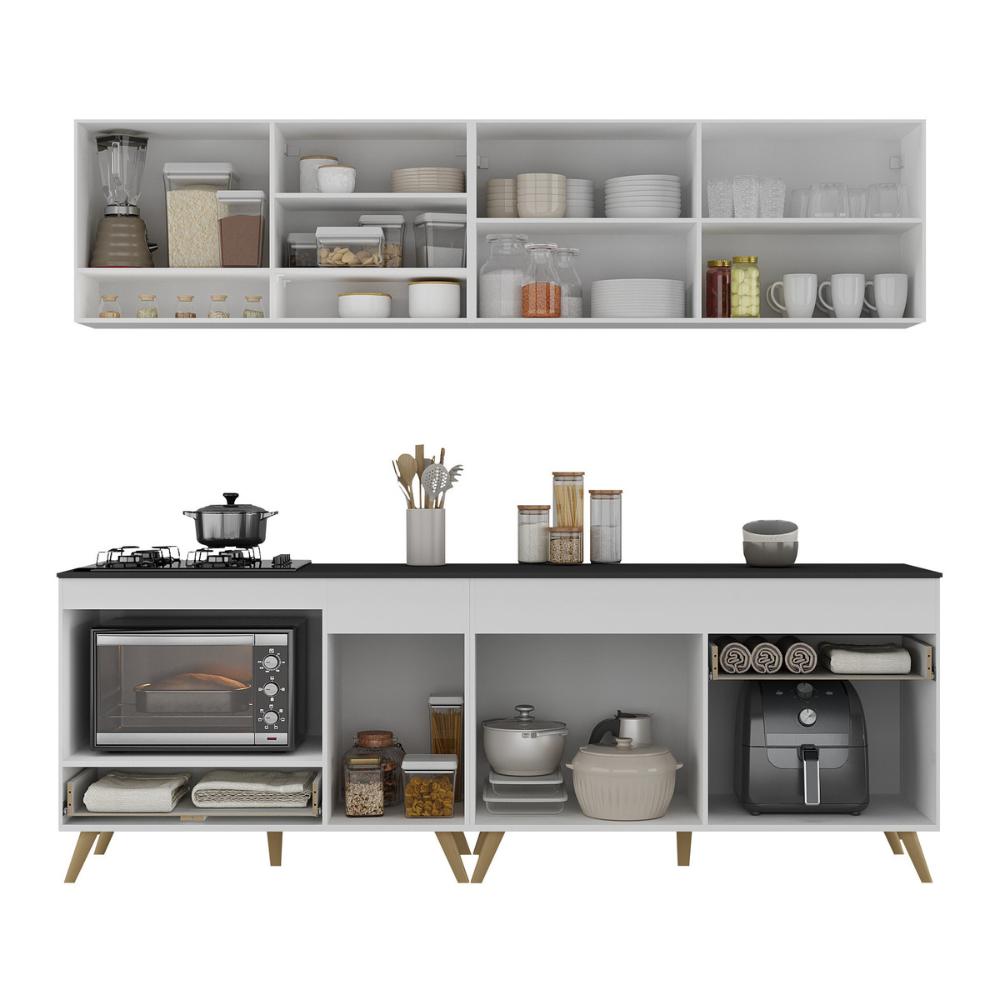 Armário de Cozinha Modulada Compacta com Balcão para Cooktop/Forno Veneza Multimóveis MP2262 Branco/Dourado