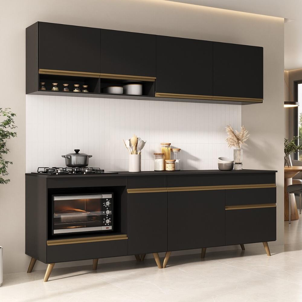 Armário de Cozinha Modulada Compacta com Balcão para Cooktop/Forno Veneza Multimóveis MP2262 Preto/Dourado