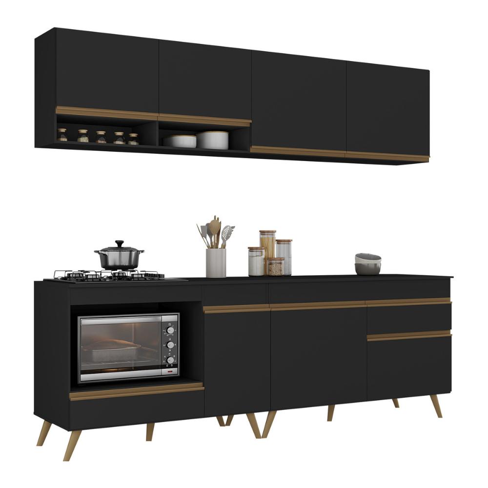 Armário de Cozinha Modulada Compacta com Balcão para Cooktop/Forno Veneza Multimóveis MP2262 Preto/Dourado