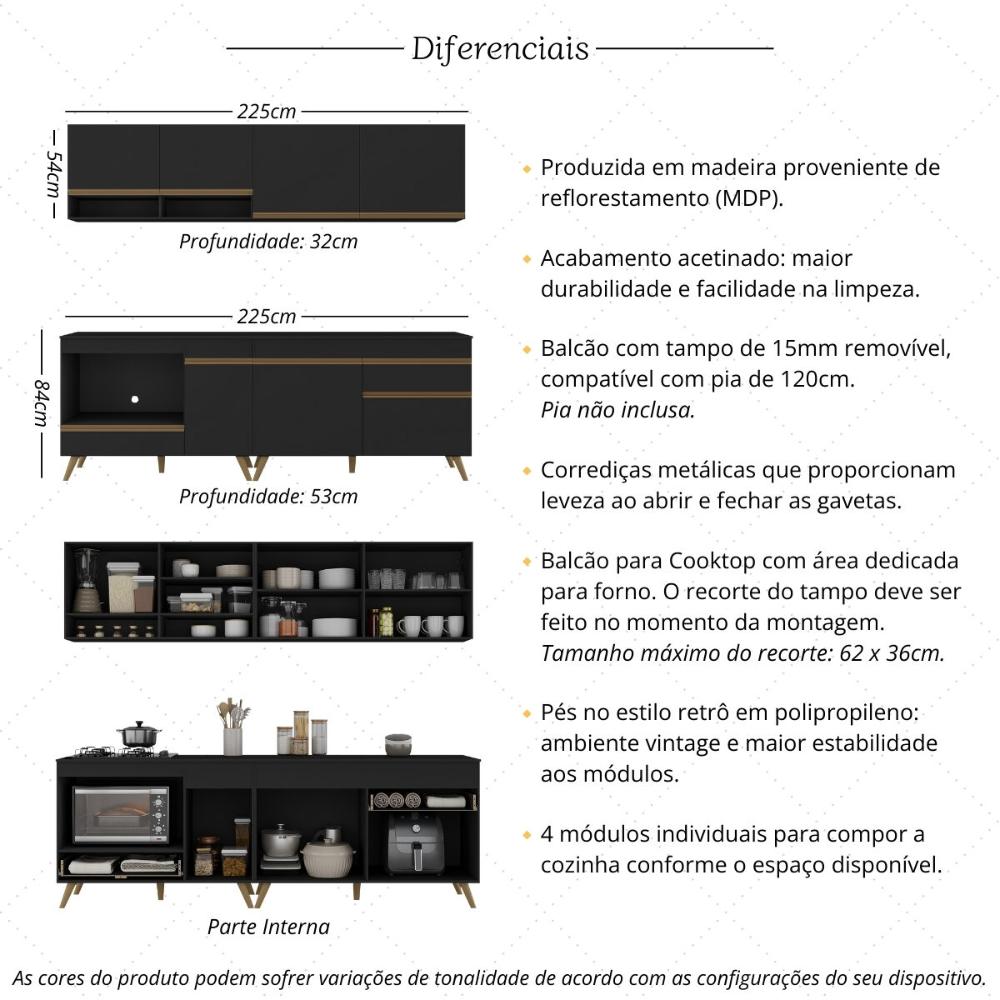 Armário de Cozinha Modulada Compacta com Balcão para Cooktop/Forno Veneza Multimóveis MP2262 Preto/Dourado