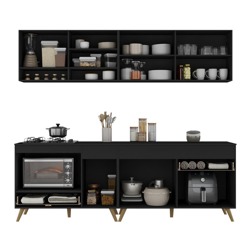 Armário de Cozinha Modulada Compacta com Balcão para Cooktop/Forno Veneza Multimóveis MP2262 Preto/Dourado