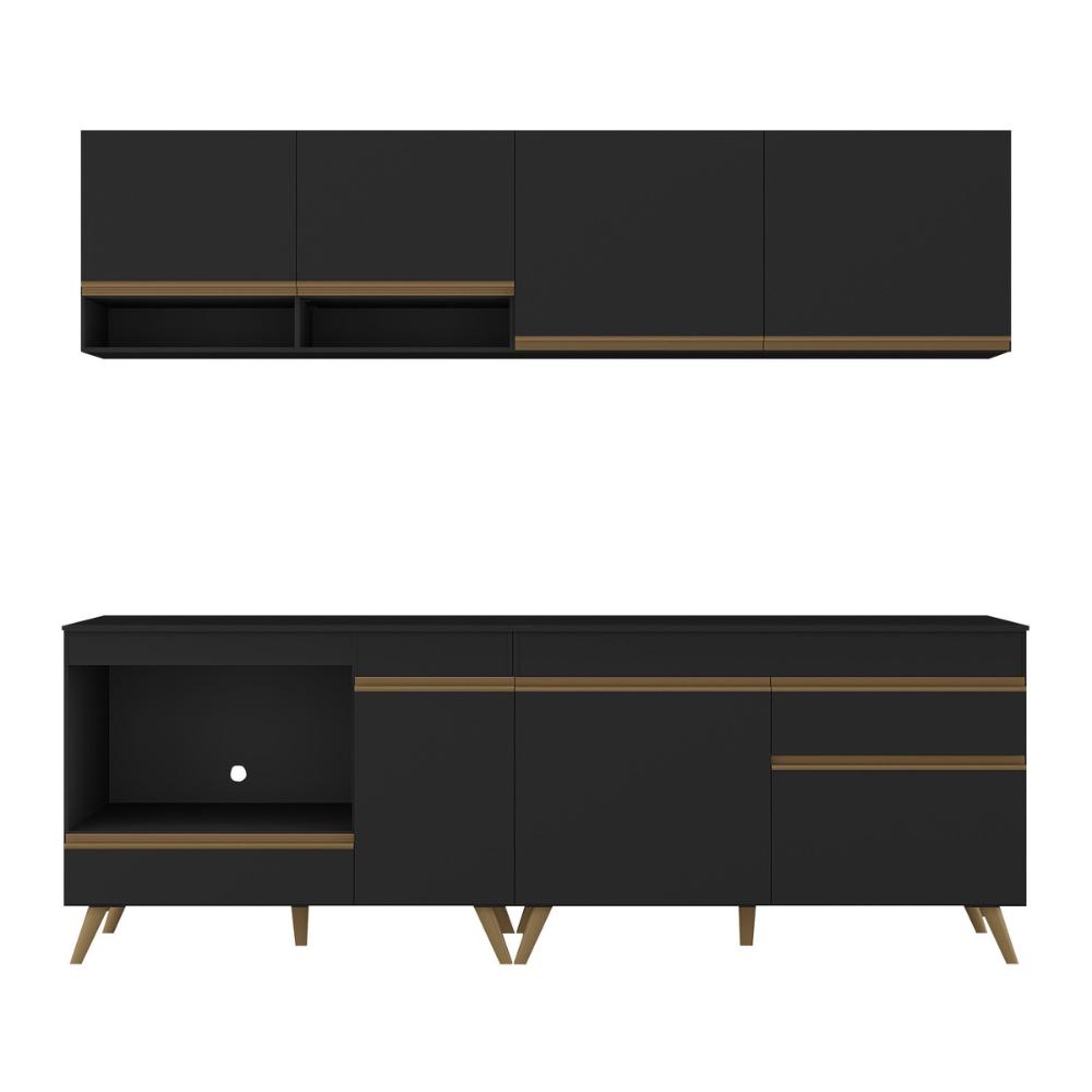 Armário de Cozinha Modulada Compacta com Balcão para Cooktop/Forno Veneza Multimóveis MP2262 Preto/Dourado