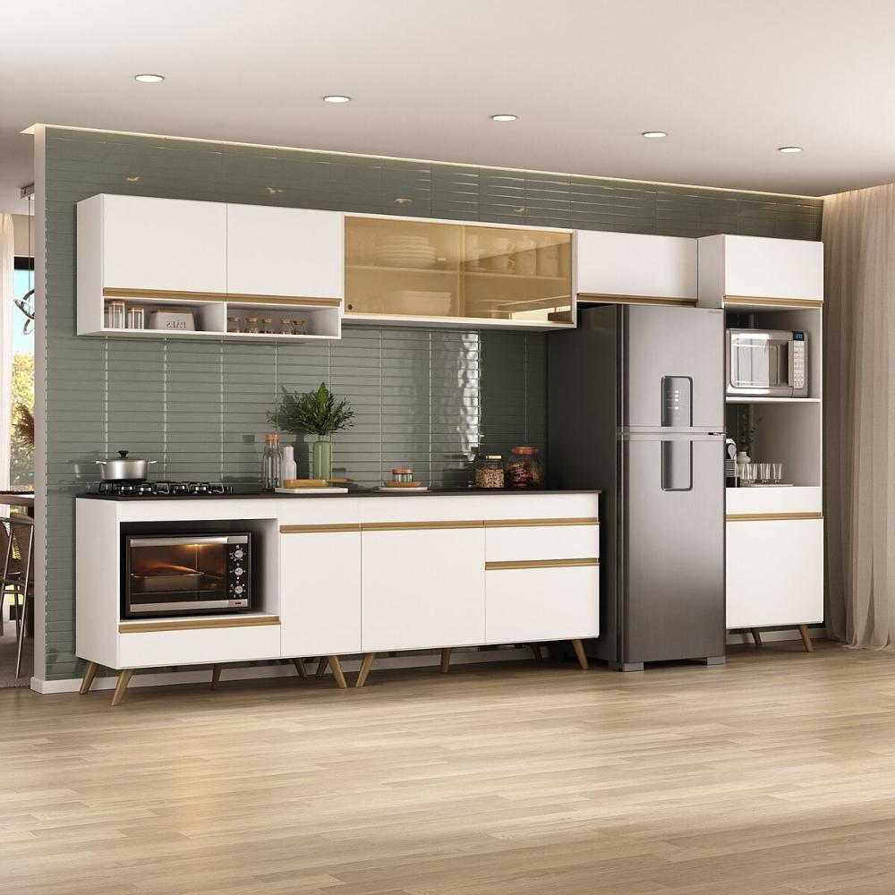 Armário de Cozinha Modulada Completa 357cm com Balcão para Cooktop Veneza Multimóveis MP2274 Branco/Dourado