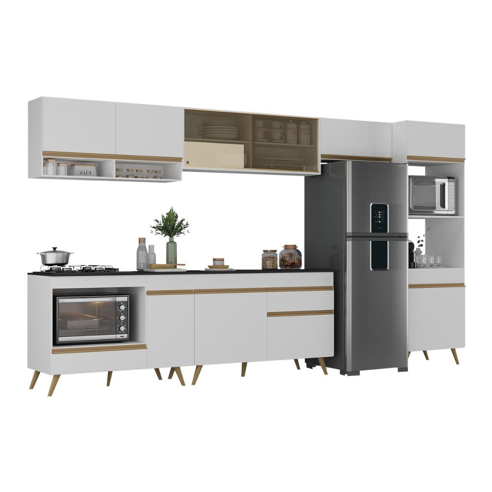 Armário de Cozinha Modulada Completa 357cm com Balcão para Cooktop Veneza Multimóveis MP2274 Branco/Dourado