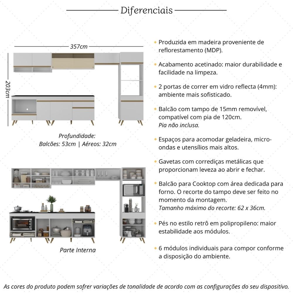 Armário de Cozinha Modulada Completa 357cm com Balcão para Cooktop Veneza Multimóveis MP2274 Branco/Dourado