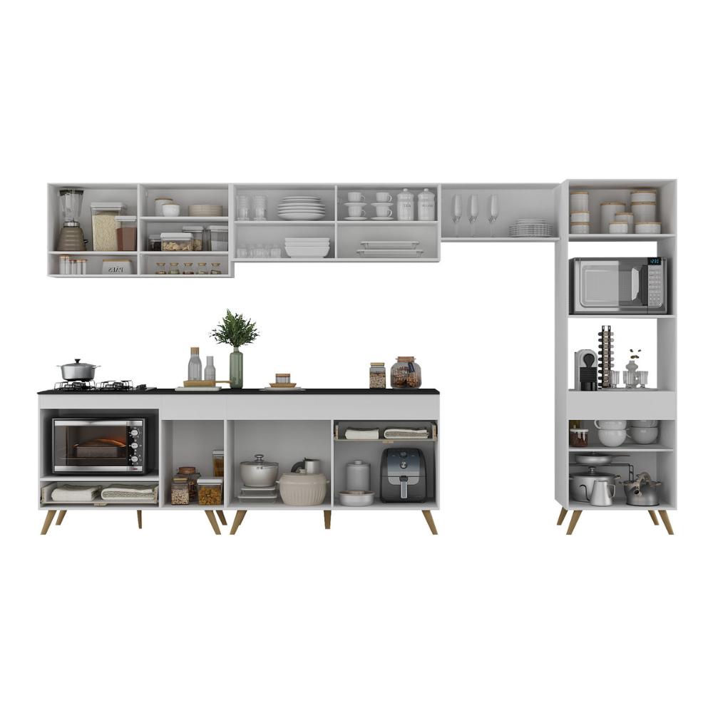 Armário de Cozinha Modulada Completa 357cm com Balcão para Cooktop Veneza Multimóveis MP2274 Branco/Dourado