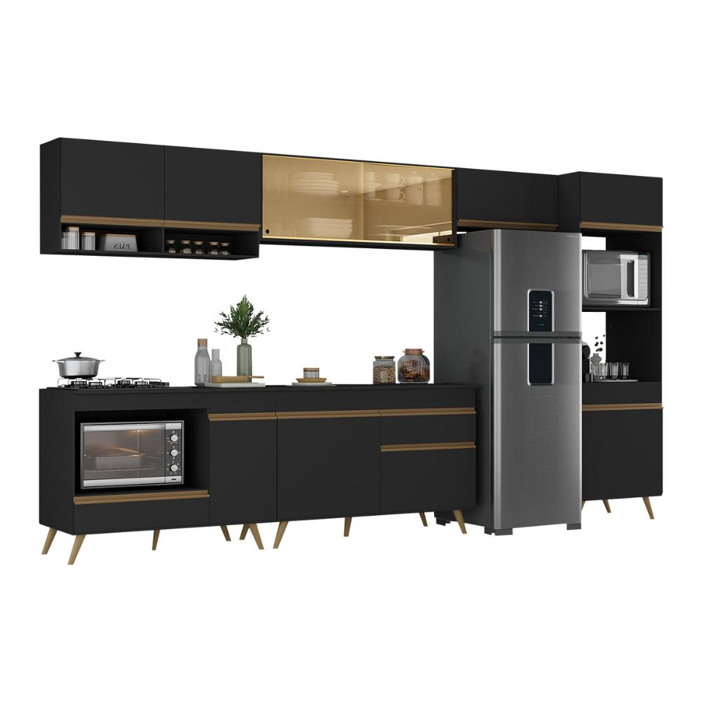 Armário de Cozinha Modulada Completa 357cm com Balcão para Cooktop Veneza Multimóveis MP2274 Preto/Dourado
