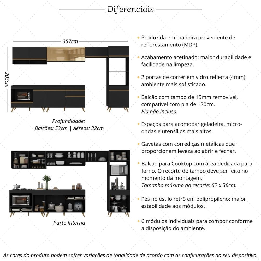 Armário de Cozinha Modulada Completa 357cm com Balcão para Cooktop Veneza Multimóveis MP2274 Preto/Dourado