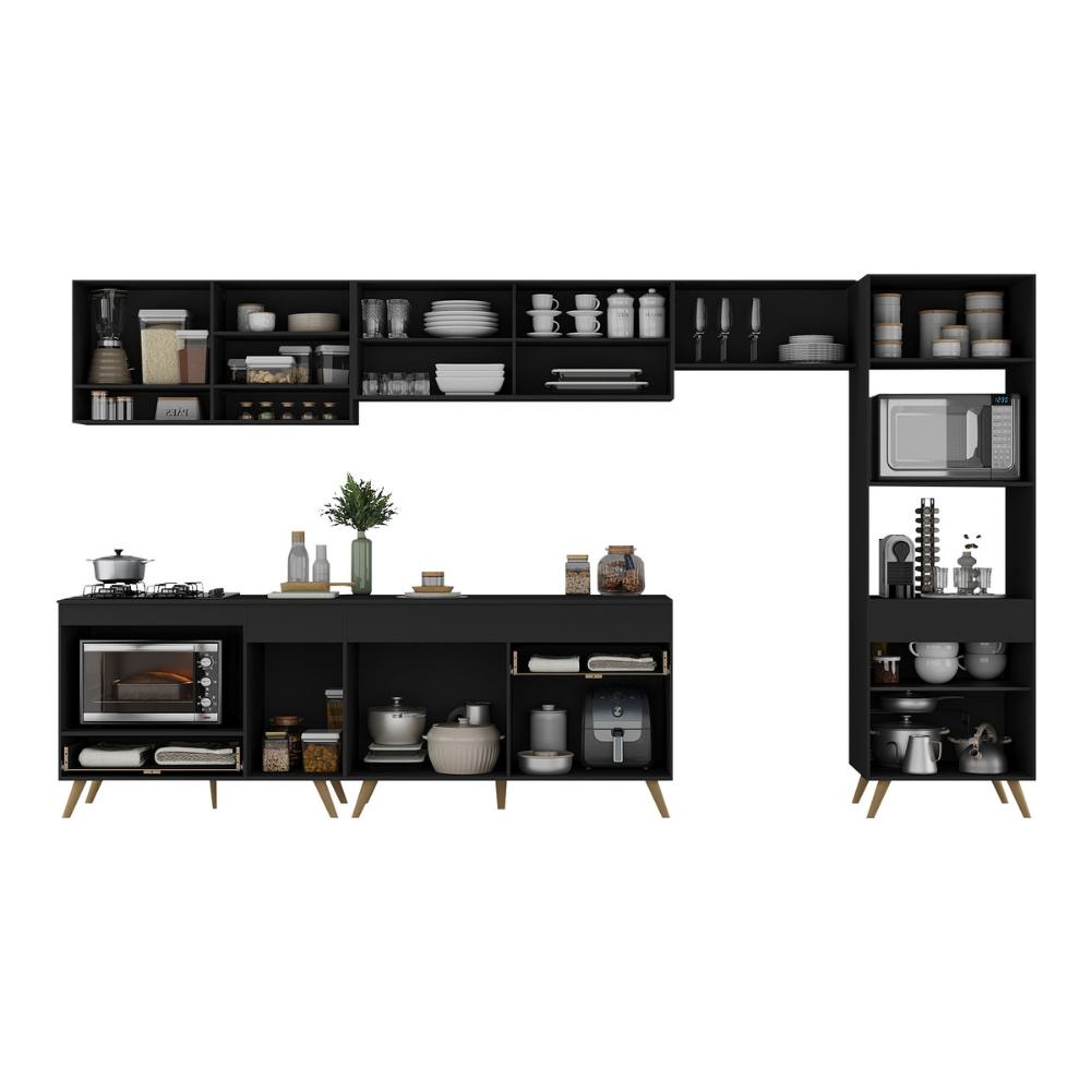 Armário de Cozinha Modulada Completa 357cm com Balcão para Cooktop Veneza Multimóveis MP2274 Preto/Dourado