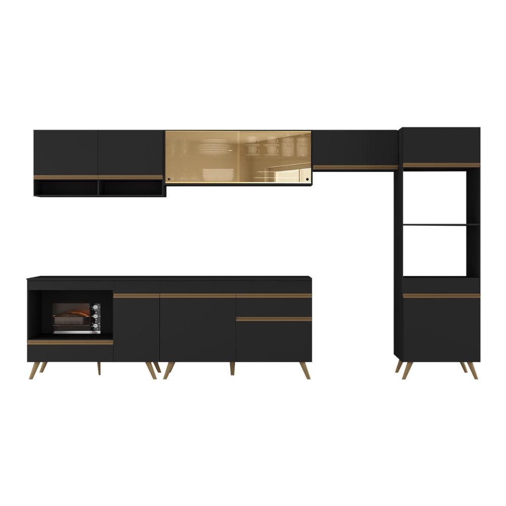 Armário de Cozinha Modulada Completa 357cm com Balcão para Cooktop Veneza Multimóveis MP2274 Preto/Dourado