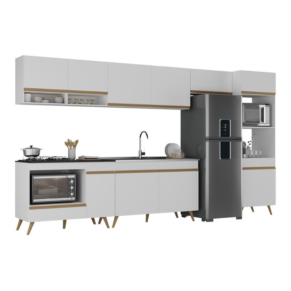 Armário de Cozinha Modulada Completa 6 Pçs com Balcão para Cooktop Veneza Multimóveis MP2273 Branco/Dourado