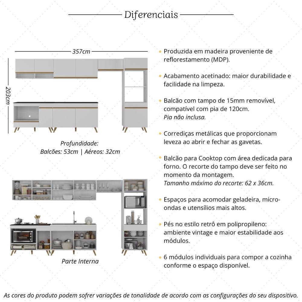 Armário de Cozinha Modulada Completa 6 Pçs com Balcão para Cooktop Veneza Multimóveis MP2273 Branco/Dourado