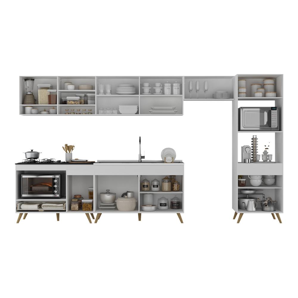 Armário de Cozinha Modulada Completa 6 Pçs com Balcão para Cooktop Veneza Multimóveis MP2273 Branco/Dourado