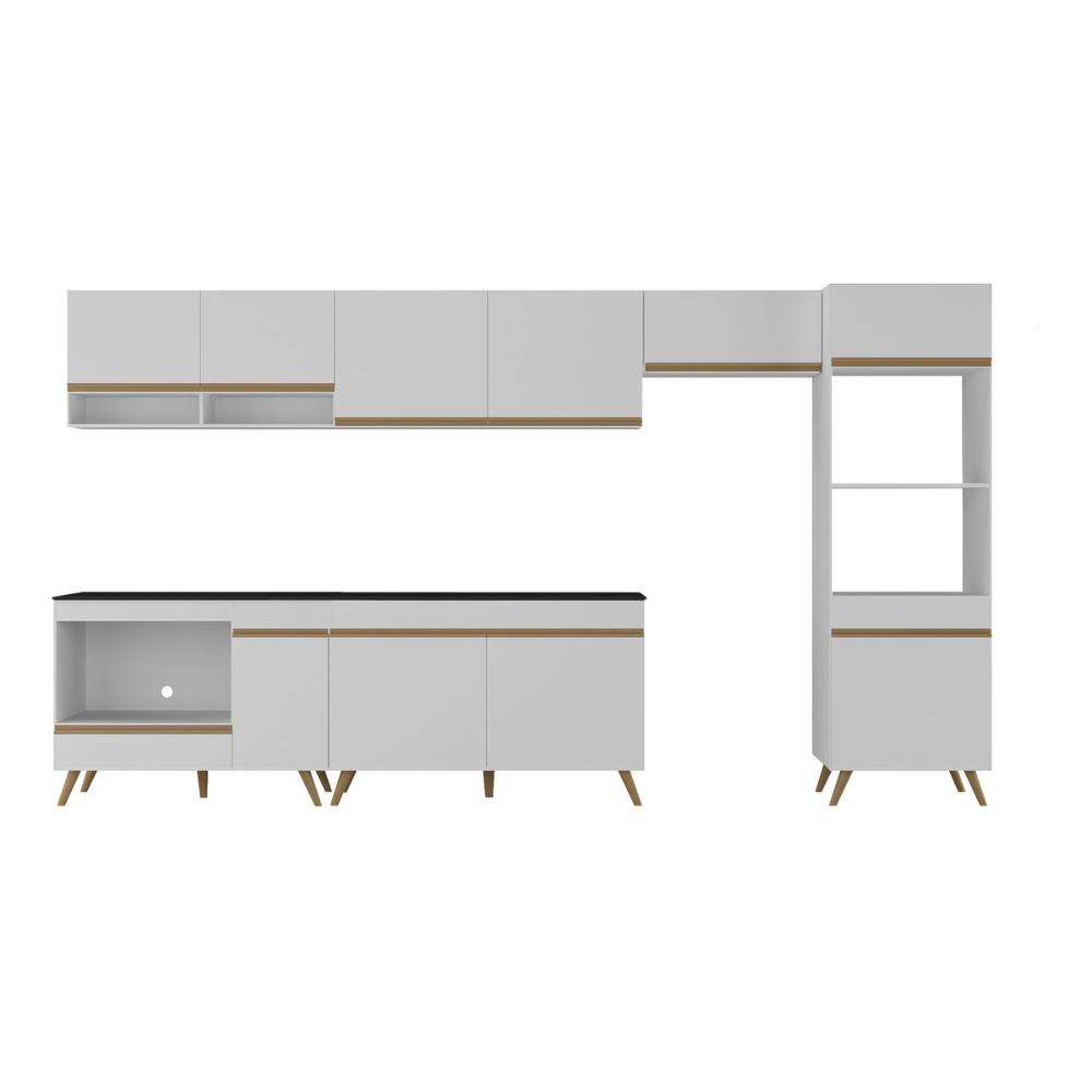 Armário de Cozinha Modulada Completa 6 Pçs com Balcão para Cooktop Veneza Multimóveis MP2273 Branco/Dourado