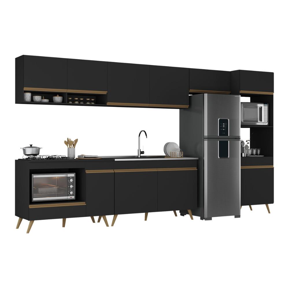 Armário de Cozinha Modulada Completa 6 Pçs com Balcão para Cooktop Veneza Multimóveis MP2273 Preto/Dourado