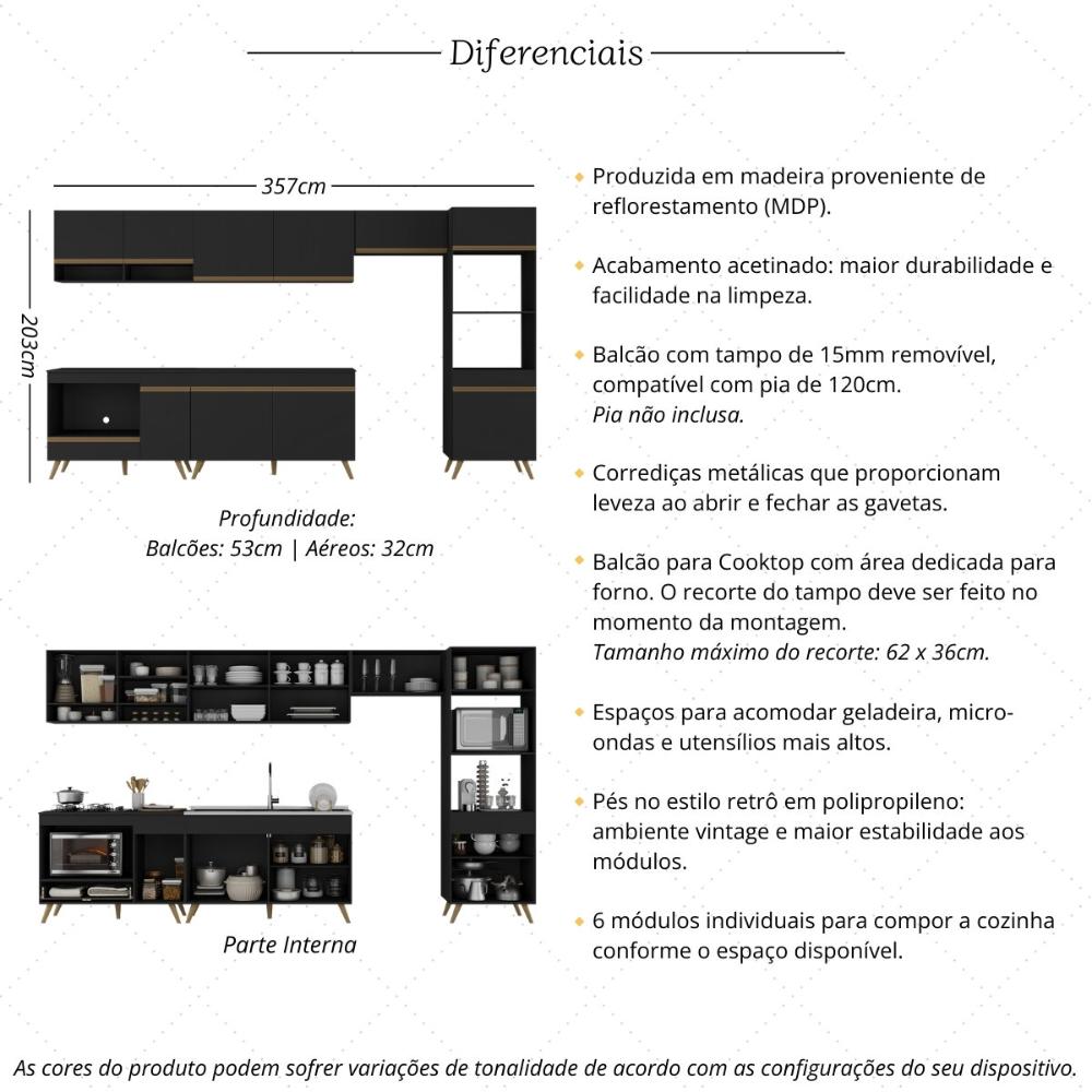 Armário de Cozinha Modulada Completa 6 Pçs com Balcão para Cooktop Veneza Multimóveis MP2273 Preto/Dourado