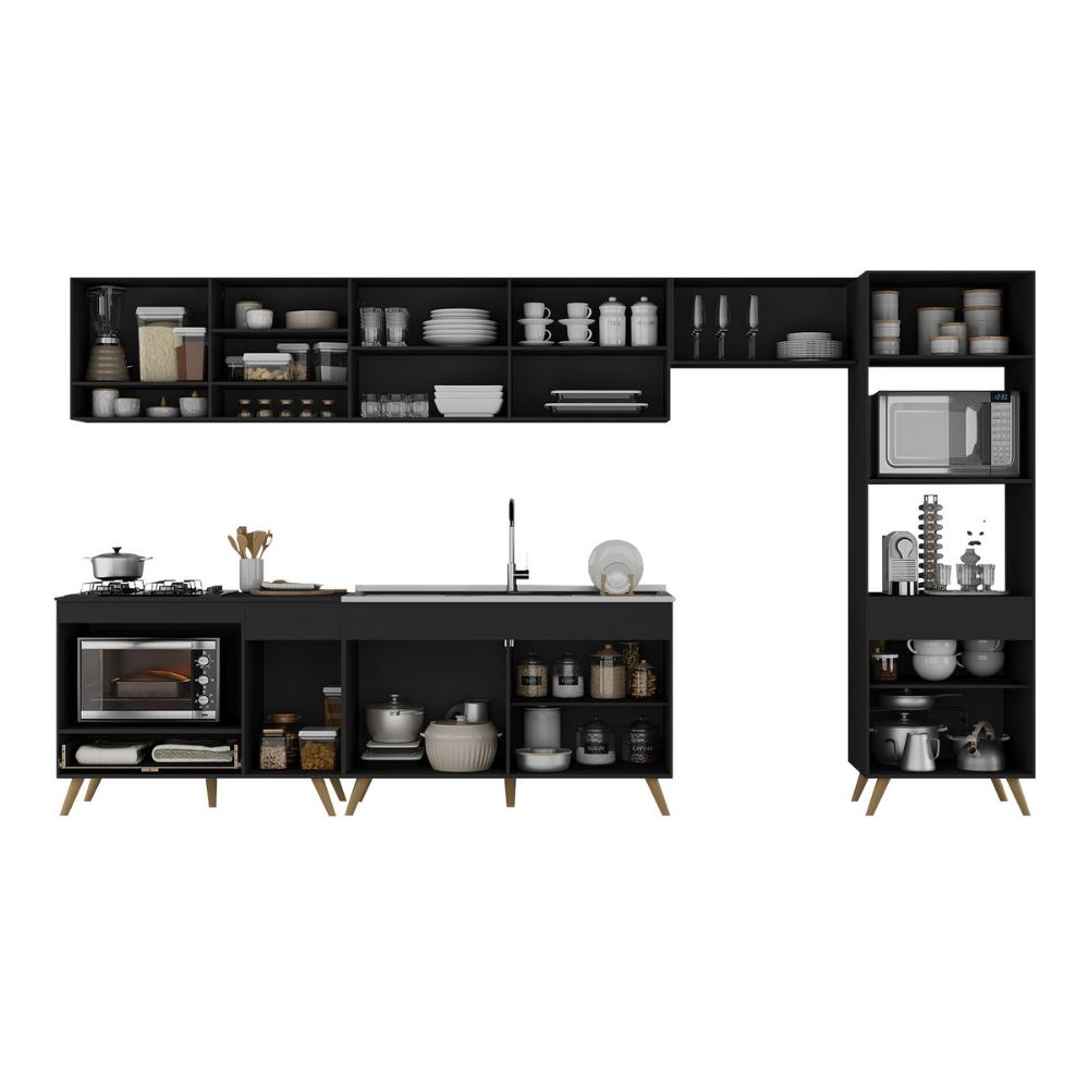 Armário de Cozinha Modulada Completa 6 Pçs com Balcão para Cooktop Veneza Multimóveis MP2273 Preto/Dourado
