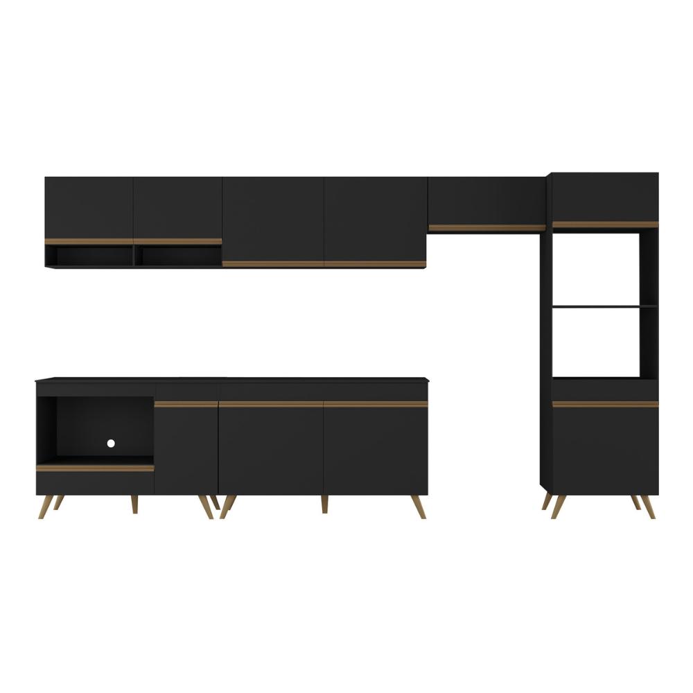 Armário de Cozinha Modulada Completa 6 Pçs com Balcão para Cooktop Veneza Multimóveis MP2273 Preto/Dourado