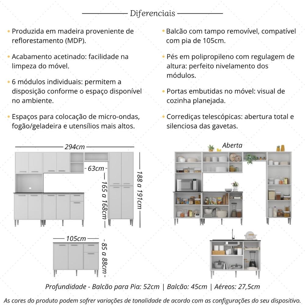 Armário de Cozinha Modulada Completa 6 Pçs com Balcão para Pia Siena Multimóveis MP2285 Branco