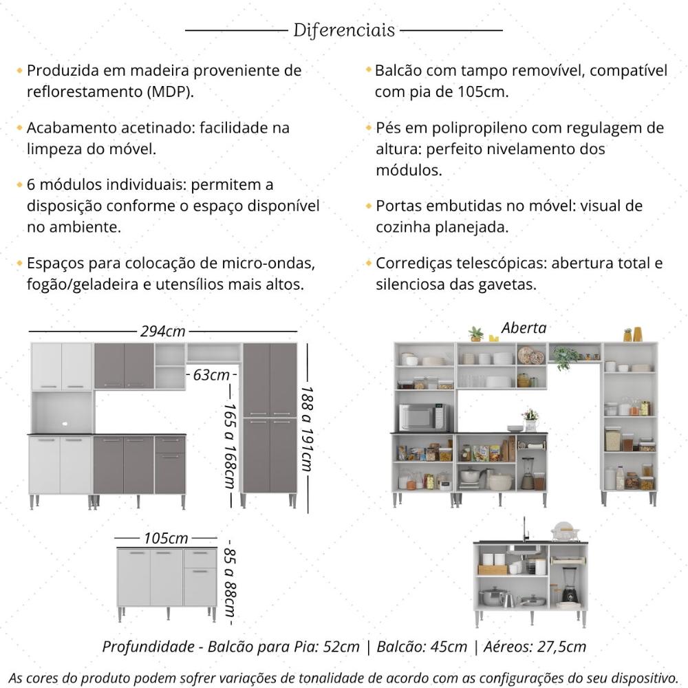 Armário de Cozinha Modulada Completa 6 Pçs com Balcão para Pia Siena Multimóveis MP2285 Branco/Lacca Fumê