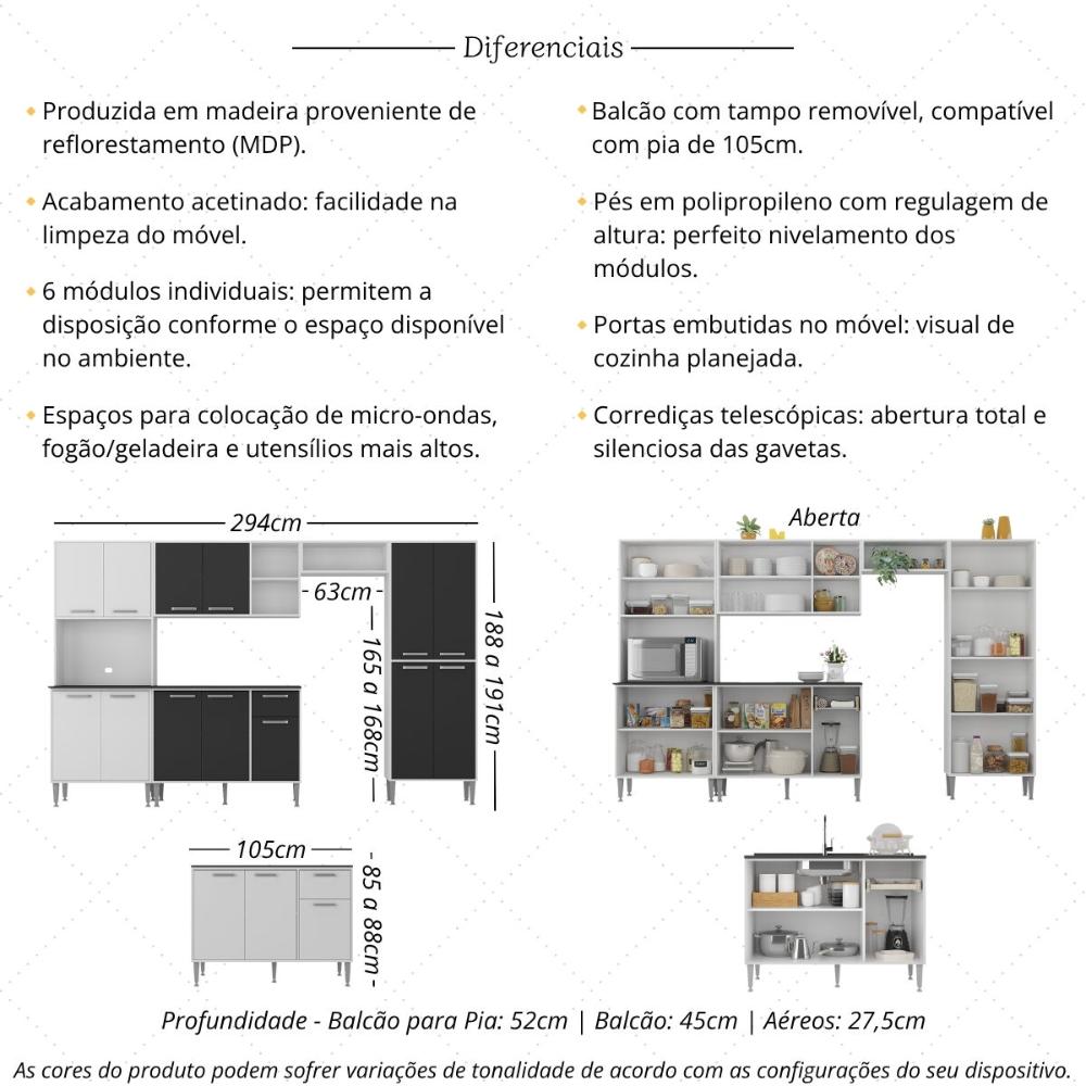 Armário de Cozinha Modulada Completa 6 Pçs com Balcão para Pia Siena Multimóveis MP2285 Branco/Preto