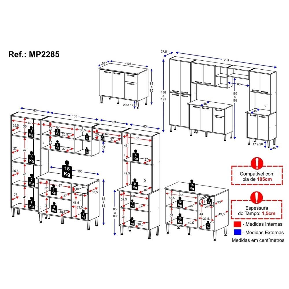 Armário de Cozinha Modulada Completa 6 Pçs com Balcão para Pia Siena Multimóveis MP2285 Branco/Preto