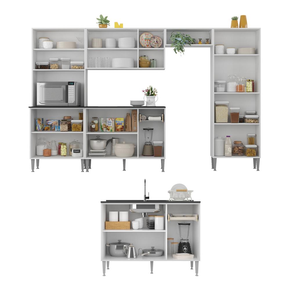 Armário de Cozinha Modulada Completa 6 Pçs com Balcão para Pia Siena Multimóveis MP2285 Branco/Preto