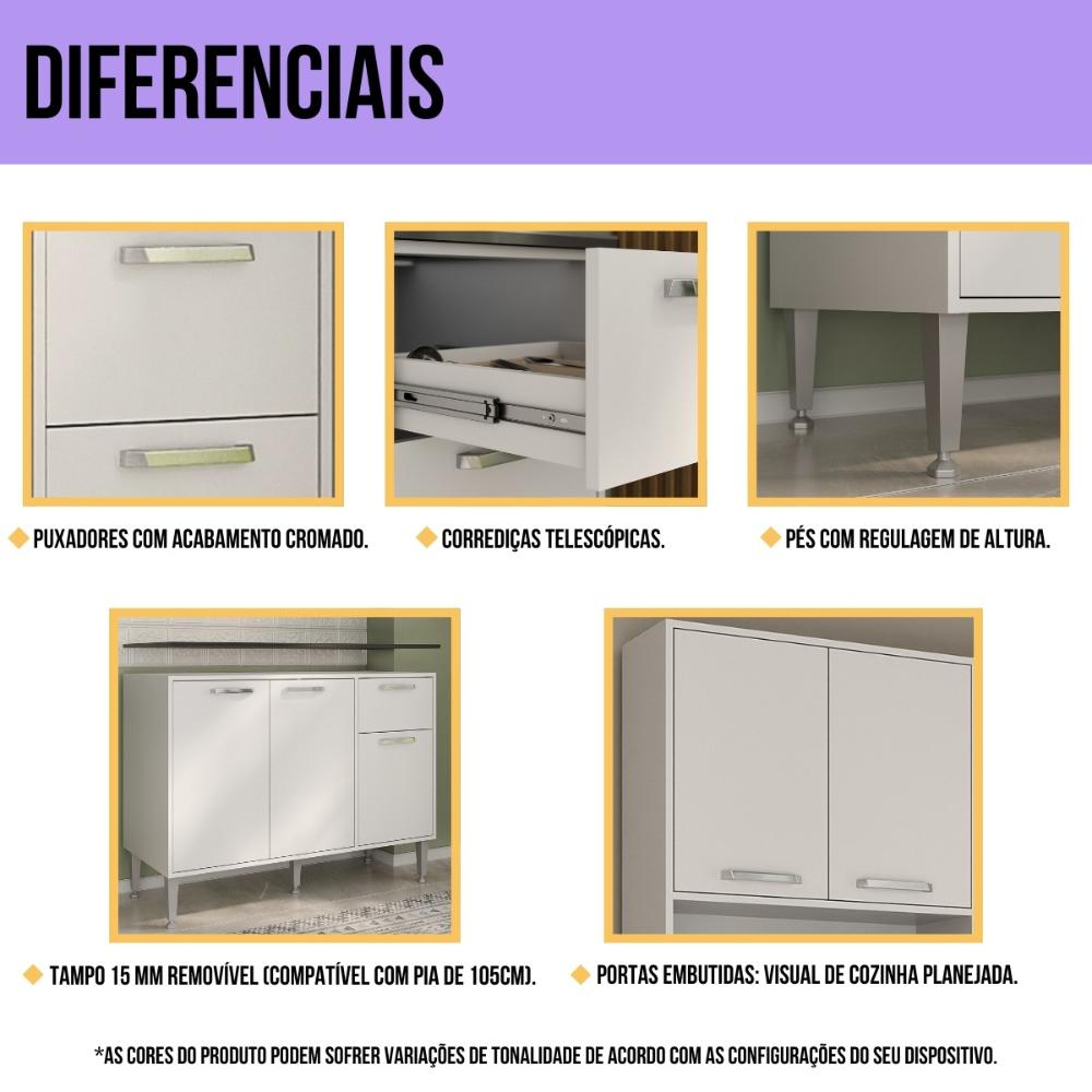 Armário de Cozinha Modulada Completa 6 Pçs com Balcão para Pia Siena Multimóveis MP2285 Branco/Preto