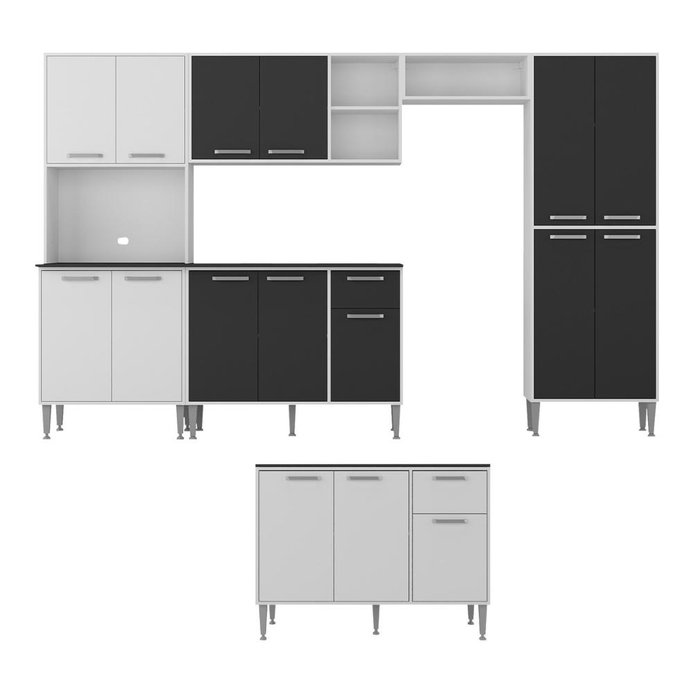 Armário de Cozinha Modulada Completa 6 Pçs com Balcão para Pia Siena Multimóveis MP2285 Branco/Preto