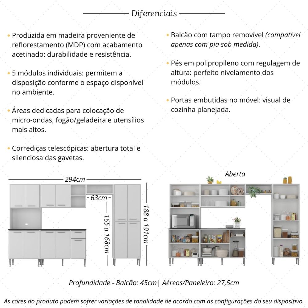 Armário de Cozinha Modulada Completa Compacta 294cm com Balcão de Pia Multimóveis MP2280 Branco